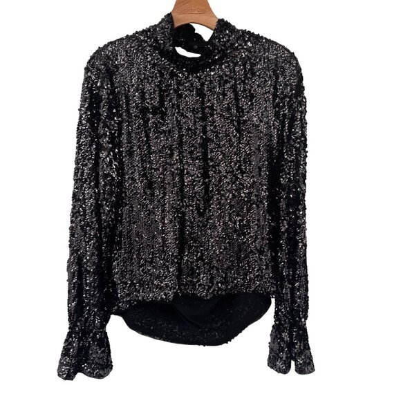 Free People moonstruck Sequin Long Sleeve Blouse  Open Back bell sleeve size XL - Picture 2 of 10